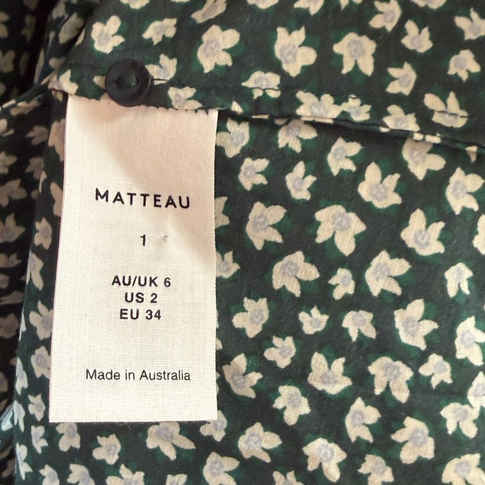 Matteau Silk Cotton Blend Voluminous Mini Dress Green White Floral Print - Picture 12 of 12